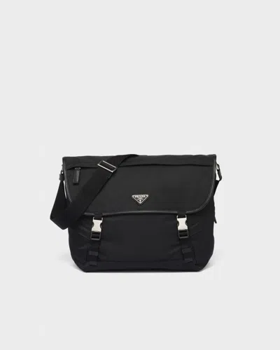 Prada Triangle Logo Re-nylon And Saffiano Leather Shoulder Bag In Black
