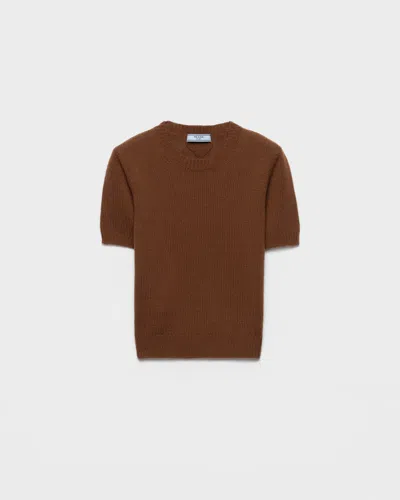 Prada Short Sleeve Cashmere Sweater In Brown