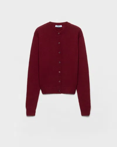 Prada Cashmere Crewneck Cardigan In Burgundy
