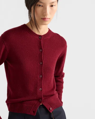 Prada Cashmere Crewneck Cardigan In Burgundy