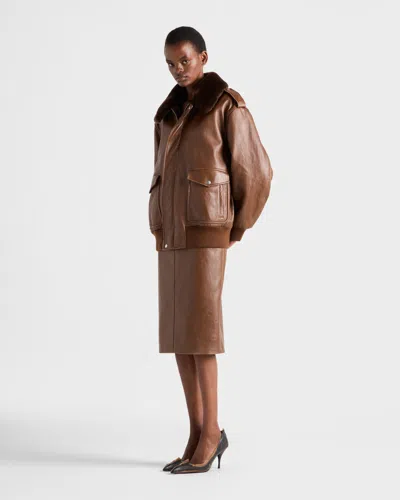 Prada Shearling-collar Leather Jacket In Brown