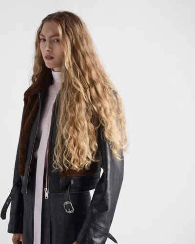 Prada Black Leather And Sheepskin Jacket In Brown
