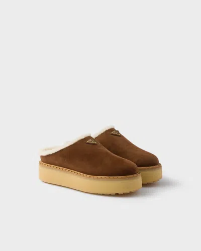 Prada Shearling Lining Suede Slippers In Neutral