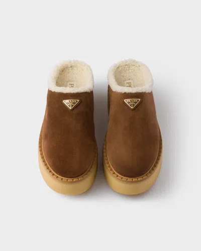 Prada Shearling Lining Suede Slippers In Neutral