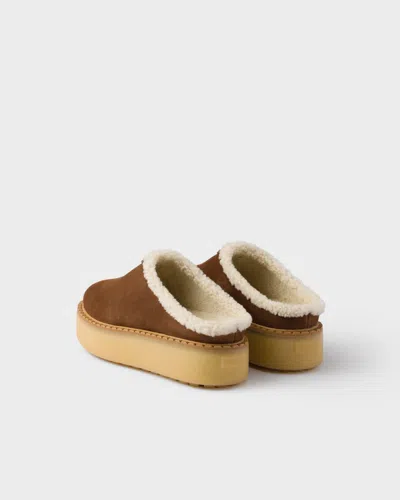 Prada Shearling Lining Suede Slippers In Neutral