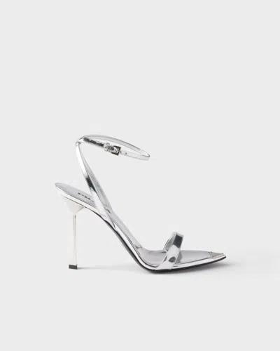 Prada Silver Metallic Leather High Sandals In Silver