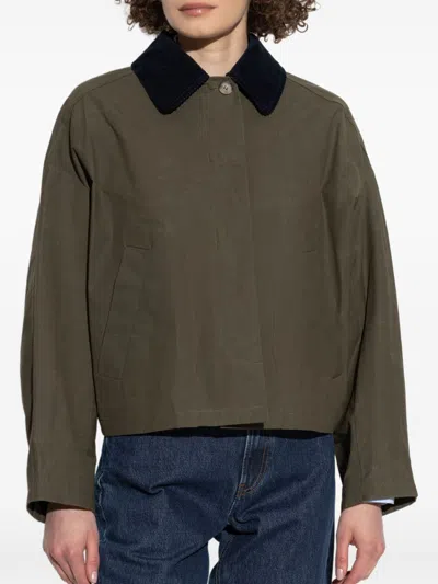 Apc A.p.c. Cropped Olive Green Coat With Corduroy Collar In Green