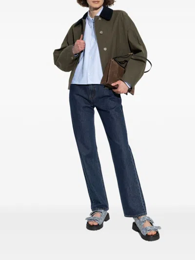 Apc A.p.c. Cropped Olive Green Coat With Corduroy Collar In Green