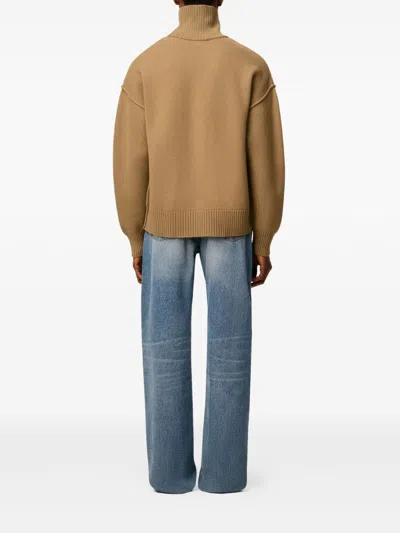 Ami Alexandre Mattiussi Brown Wool Ami De Coeur Funnel Neck Sweater Brown In Gold