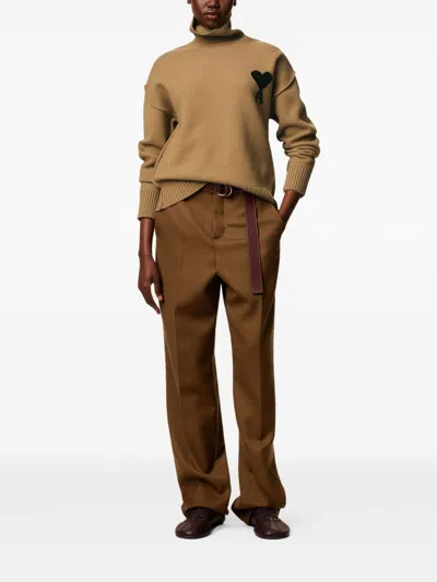 Ami Alexandre Mattiussi Brown Wool Ami De Coeur Funnel Neck Sweater Brown In Gold