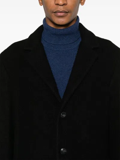 Amish Long Black Tailored Coat With Notched Lapel And Button Closure In Black