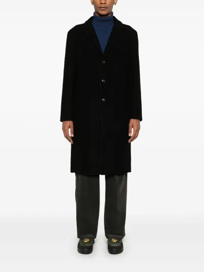 Amish Long Black Tailored Coat With Notched Lapel And Button Closure In Black