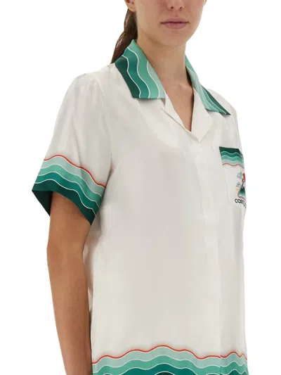 Casablanca White Montagne Ondulee Silk Short Sleeve Shirt In White