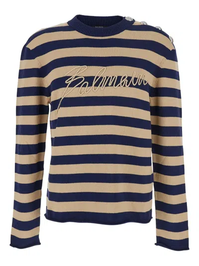 Balmain Embroidered Logo Cotton Sweater In Blue