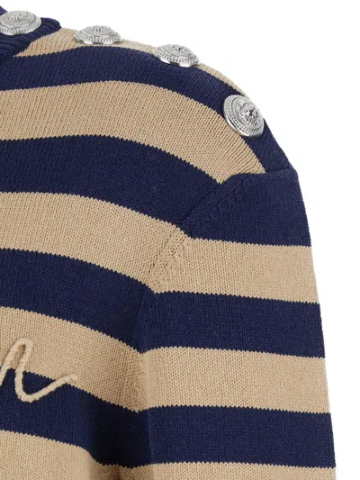 Balmain Embroidered Logo Cotton Sweater In Blue