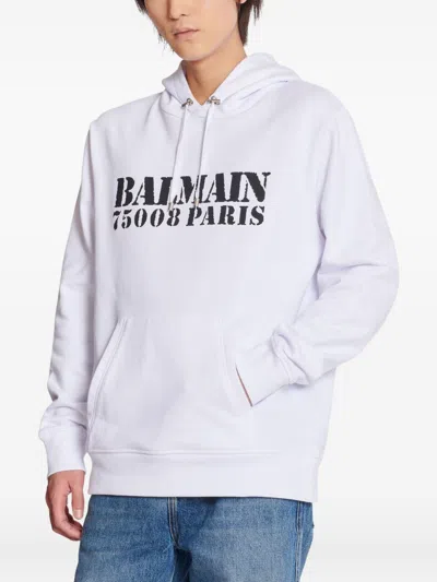 Balmain Contrasting Logo Print Cotton Hoodie In White