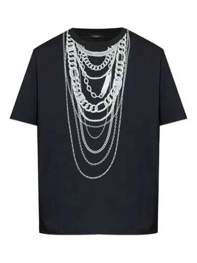 Balmain Graphic Chain Motif Black T-shirt With Short Sleeves In Black