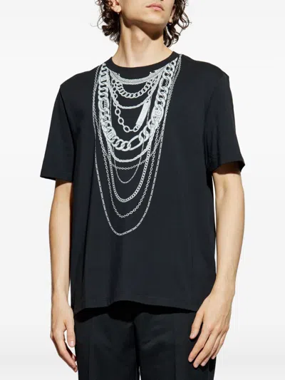 Balmain Graphic Chain Motif Black T-shirt With Short Sleeves In Black