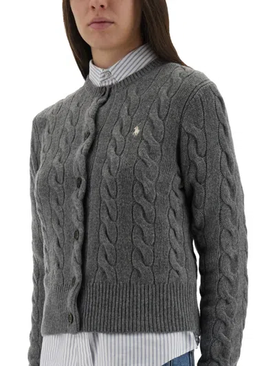 Polo Ralph Lauren Cable Knit Sweater With Button-up Front And Fitted Ribbed Hem In Gray