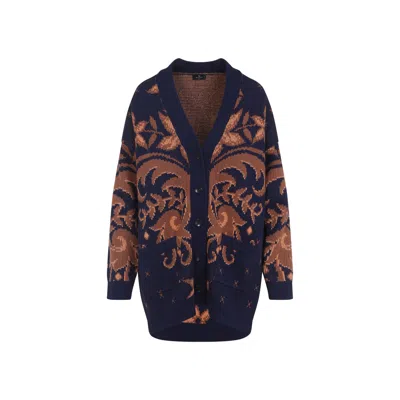 Etro Wool Jacquard V-neck Cardigan With Front Pockets In Blue