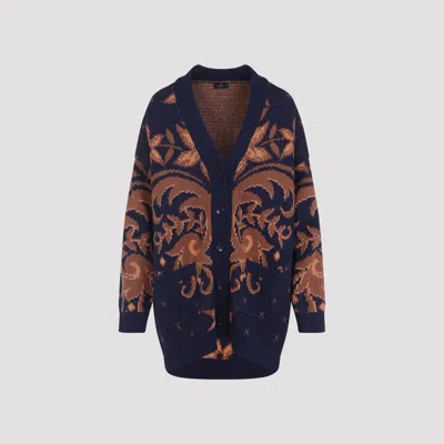 Etro Wool Jacquard V-neck Cardigan With Front Pockets In Blue