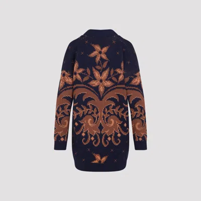 Etro Wool Jacquard V-neck Cardigan With Front Pockets In Blue