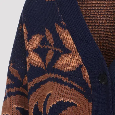 Etro Wool Jacquard V-neck Cardigan With Front Pockets In Blue
