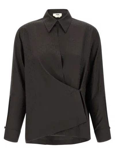 Fendi Silk Ff Jacquard Crossover Shirt In Black