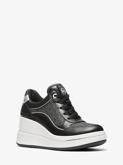 Michael Kors Emmy Signature Logo And Leather Wedge Trainer In Black