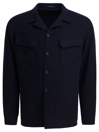 Tagliatore Chest And Side Pockets Collared Long Sleeves In Blue