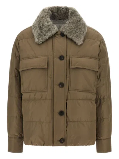 Brunello Cucinelli Quilted Coat With Plush Shearling Collar And Flap Pockets In Brown