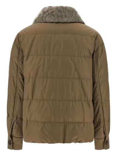 Brunello Cucinelli Quilted Coat With Plush Shearling Collar And Flap Pockets In Brown