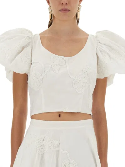 Rotate Birger Christensen Cotton Top With Puff Sleeves In White