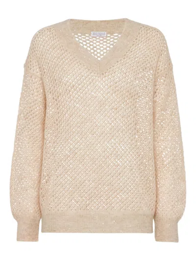 Brunello Cucinelli Deep V-neck Open Knit Sweater In Neutral