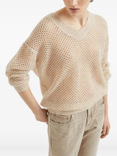 Brunello Cucinelli Deep V-neck Open Knit Sweater In Neutral
