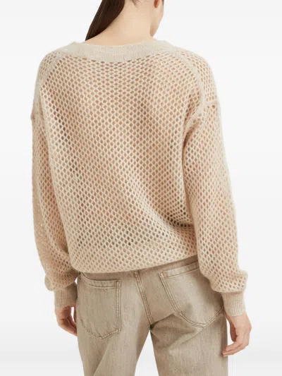 Brunello Cucinelli Deep V-neck Open Knit Sweater In Neutral