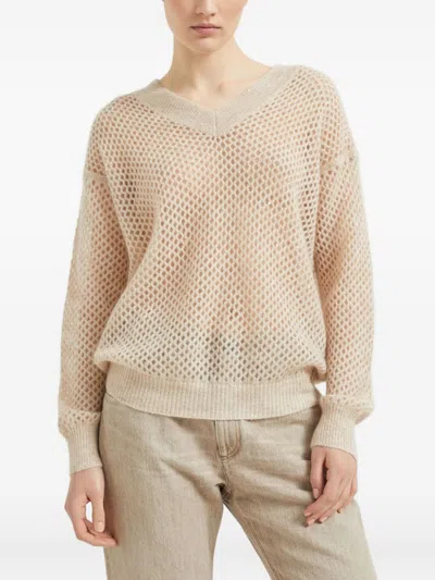 Brunello Cucinelli Deep V-neck Open Knit Sweater In Neutral
