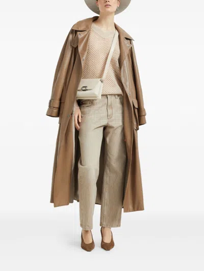 Brunello Cucinelli Deep V-neck Open Knit Sweater In Neutral