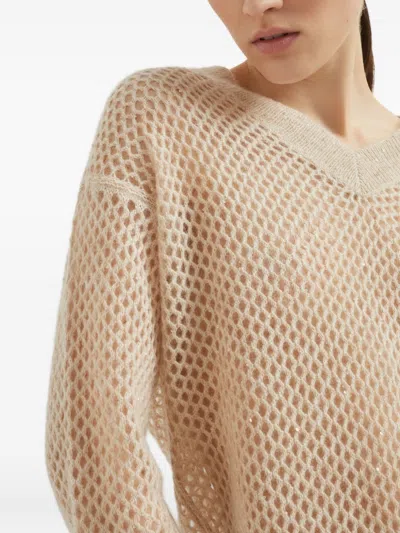 Brunello Cucinelli Deep V-neck Open Knit Sweater In Neutral