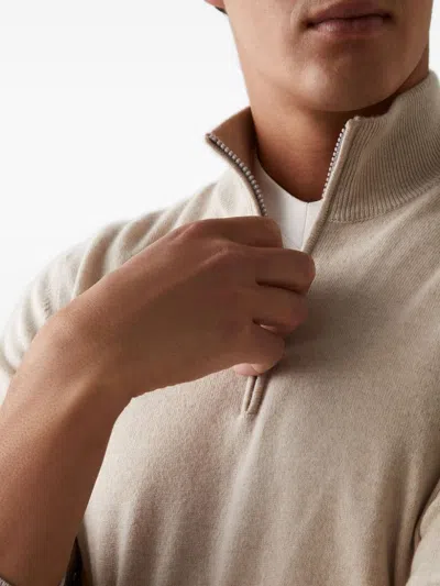 Brunello Cucinelli Half-zip Neutrals Sweater With Fitted Silhouette In Gold