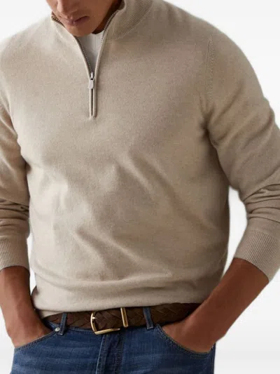 Brunello Cucinelli Half-zip Neutrals Sweater With Fitted Silhouette In Gold