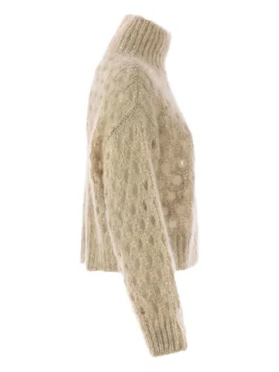 Brunello Cucinelli Women Dazzling Net Turtleneck Sweater Made Of Mohair And Wool Wispy In Gold