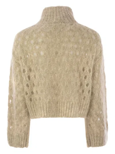Brunello Cucinelli Women Dazzling Net Turtleneck Sweater Made Of Mohair And Wool Wispy In Gold