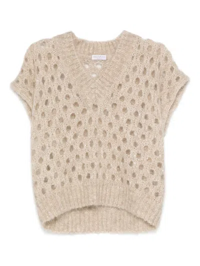 Brunello Cucinelli V-neck Open-knit Vest In Gold