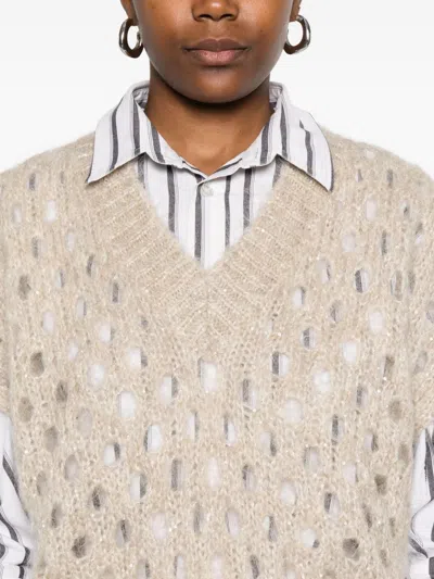 Brunello Cucinelli V-neck Open-knit Vest In Gold