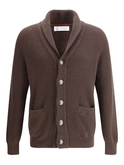 Brunello Cucinelli English Ribbed Knit Cardigan In Brown
