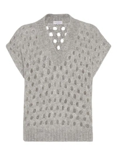 Brunello Cucinelli Open-knit Short Sleeve Sweater With V-neckline In Gray