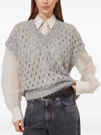 Brunello Cucinelli Open-knit Short Sleeve Sweater With V-neckline In Gray