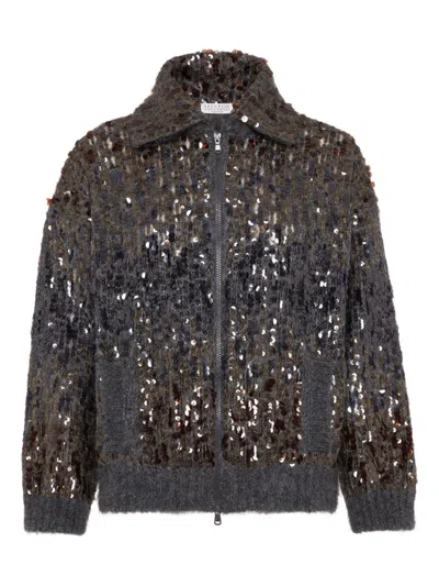 Brunello Cucinelli Mohair-blend Sequin-embellished Cardigan In Gray