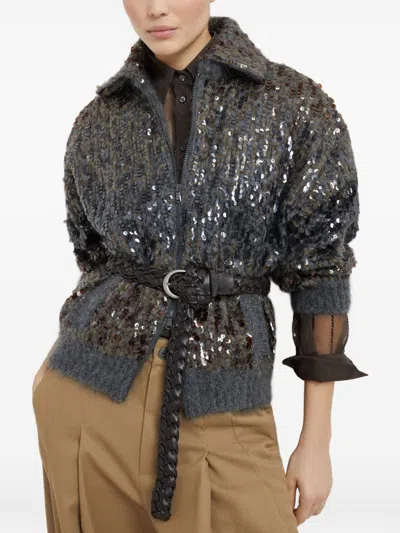 Brunello Cucinelli Mohair-blend Sequin-embellished Cardigan In Gray